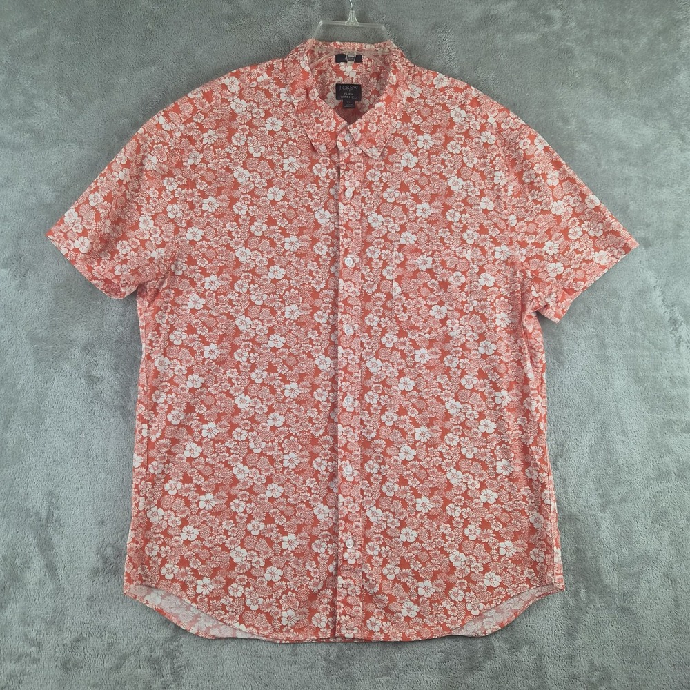 J Crew Flex Washed‎ Floral Shirt Mens XL Coral White Short Sleeve Slim Fit Beach